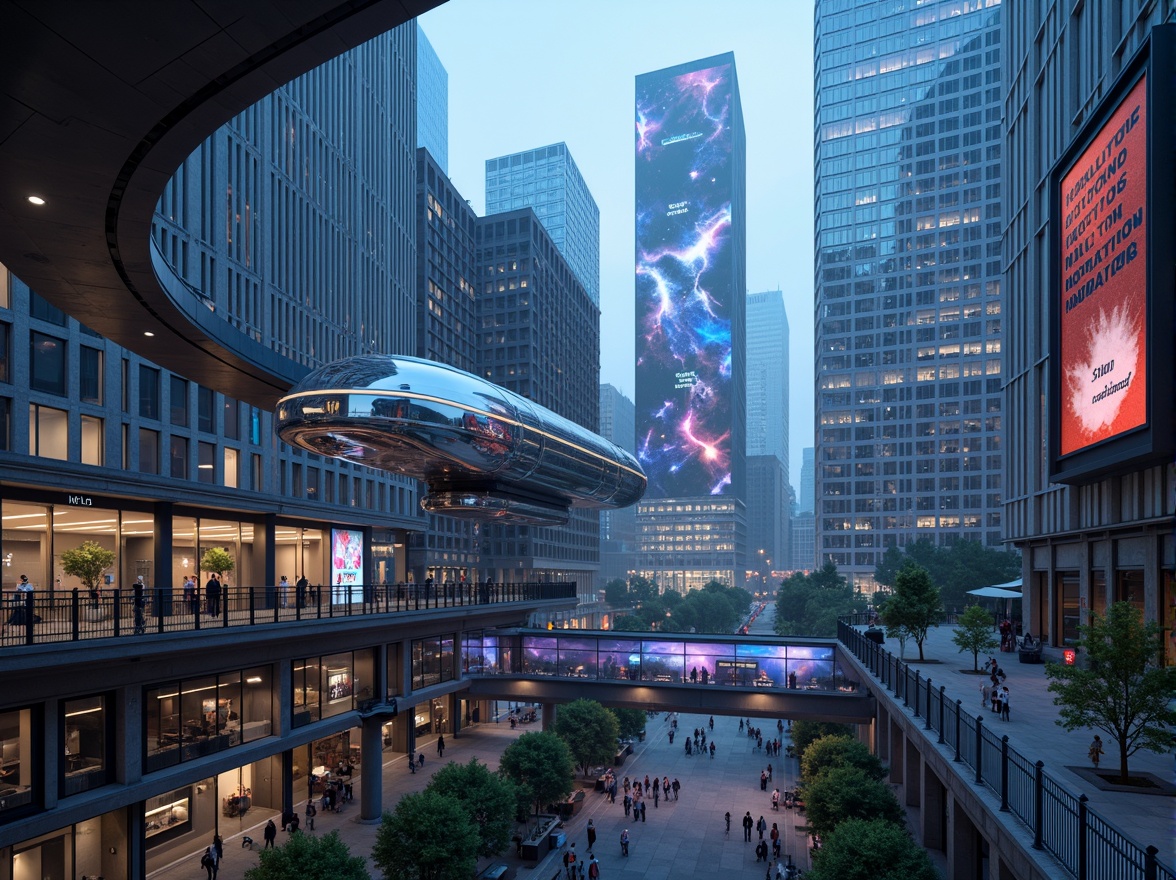 Prompt: Futuristic cityscape, neon-lit skyscrapers, curved metallic structures, holographic advertisements, levitating transportation pods, elevated walkways, transparent glass tunnels, iridescent LED lights, atmospheric mist, distant nebulae, 3D-printed buildings, parametric design, algorithmic patterns, augmented reality interfaces, virtual reality experiences, panoramic views, cinematic lighting, shallow depth of field, 2.5D composition, futuristic urban planning, sustainable eco-systems, self-sustaining architecture, biomimetic designs, cyberpunk aesthetics.