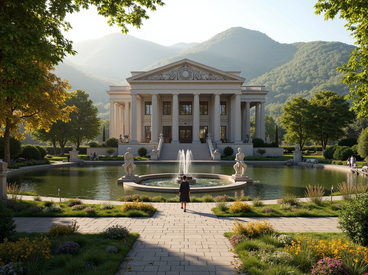 Prompt: Grand neoclassical mansion, symmetrical facade, ornate columns, carved stone details, lush greenery, rolling hills, serene lake, walking paths, benches, classical statues, vibrant flowers, blooming trees, sunny day, soft warm lighting, shallow depth of field, 3/4 composition, panoramic view, realistic textures, ambient occlusion, harmonious integration with nature, elegant landscaping, manicured lawns, decorative fountains, ornate iron gates.