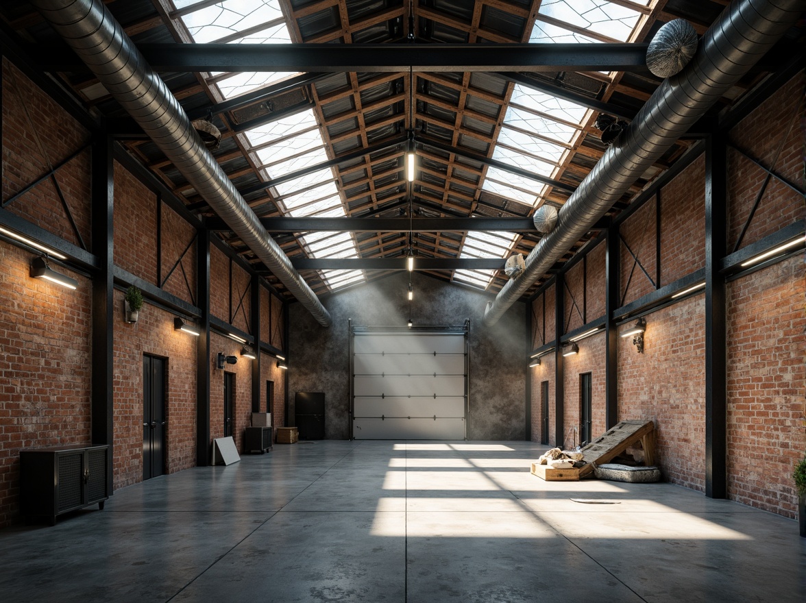 Prompt: Industrial warehouse interior, exposed ductwork, metal beams, concrete floors, rustic brick walls, high ceilings, natural light pouring through skylights, warm ambient lighting, softbox lights, task lamps, suspended linear fixtures, LED strips, diffused shadows, subtle color temperature, 1/2 composition, shallow depth of field, realistic textures, ambient occlusion.