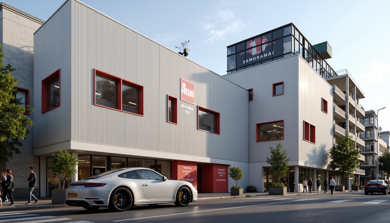 Prompt: Clean minimalist facades, rectangular forms, industrial materials, steel frames, large glass windows, functional simplicity, geometric shapes, primary color accents, bold typography, modernist architecture, urban cityscape, busy street scene, morning sunlight, soft shadows, shallow depth of field, 1/1 composition, realistic textures, ambient occlusion.