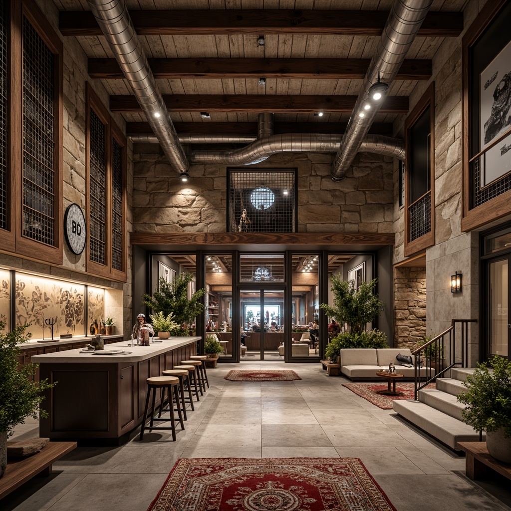 Prompt: Rustic stone walls, weathered wooden accents, metallic grids, industrial pipes, distressed concrete floors, reclaimed wood beams, exposed brick facades, ornate metal railings, lavish marble countertops, richly patterned rugs, warm ambient lighting, shallow depth of field, 3/4 composition, realistic textures, ambient occlusion.