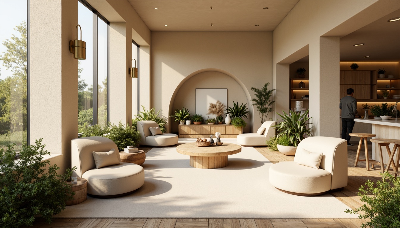 Prompt: Muted earthy tones, soft pastel hues, calming beige walls, natural wood accents, plush greenery, creamy whites, warm golden lighting, cozy reading nooks, comfortable seating areas, minimalist decor, subtle texture contrasts, organic shapes, serene atmosphere, shallow depth of field, 1/1 composition, realistic renderings, ambient occlusion.