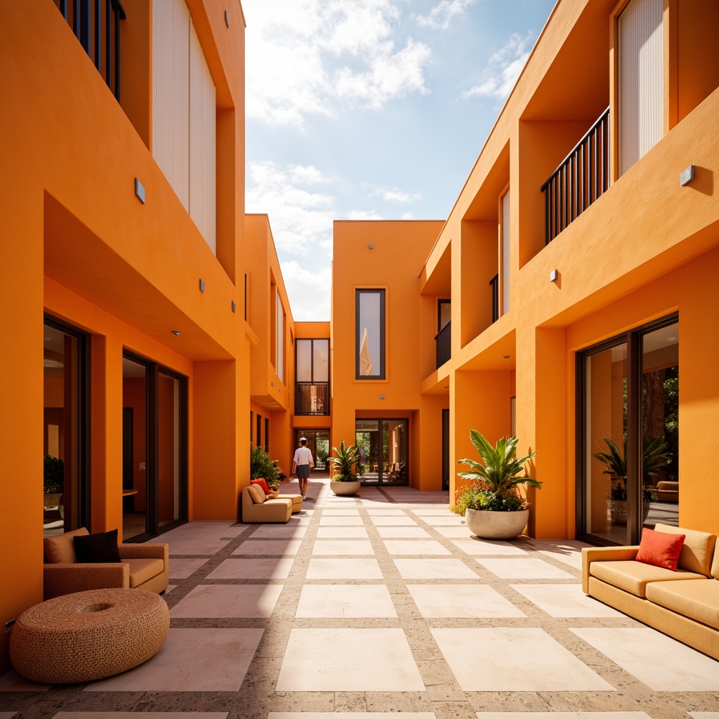 Prompt: Vibrant tangerine buildings, warm orange hues, inviting entranceways, playful geometric patterns, modern minimalist design, sleek metal accents, large windows, sliding glass doors, cozy reading nooks, plush furniture, natural wood textures, creamy white walls, bold color blocking, sunny day, soft warm lighting, shallow depth of field, 3/4 composition, panoramic view, realistic textures, ambient occlusion.