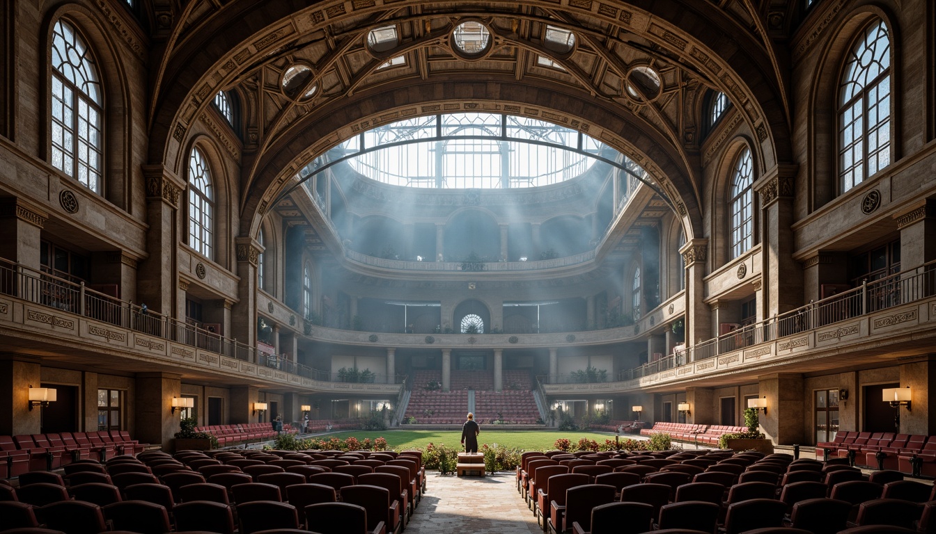 Prompt: Grandiose Gothic stadium, ornate stone carvings, vaulted ceilings, stained glass windows, intricate archways, majestic columns, regal seating areas, plush velvet cushions, golden metal accents, luxurious wooden details, atmospheric misty lighting, dramatic spotlights, 1/1 composition, symmetrical framing, realistic textures, ambient occlusion.