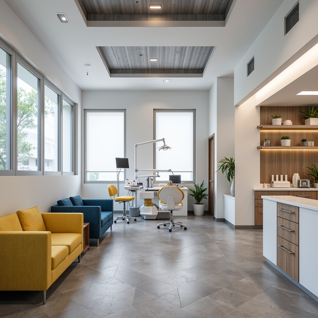 Prompt: Modern dental clinic interior, Bauhaus-inspired color palette, calming whites, creamy grays, bold blues, vibrant yellows, sleek metal accents, minimalist furniture, geometric patterns, clean lines, functional lighting, natural stone floors, wooden cabinetry, ergonomic chairs, futuristic equipment, sterile atmosphere, soft ambient lighting, shallow depth of field, 1/1 composition, realistic textures, ambient occlusion.