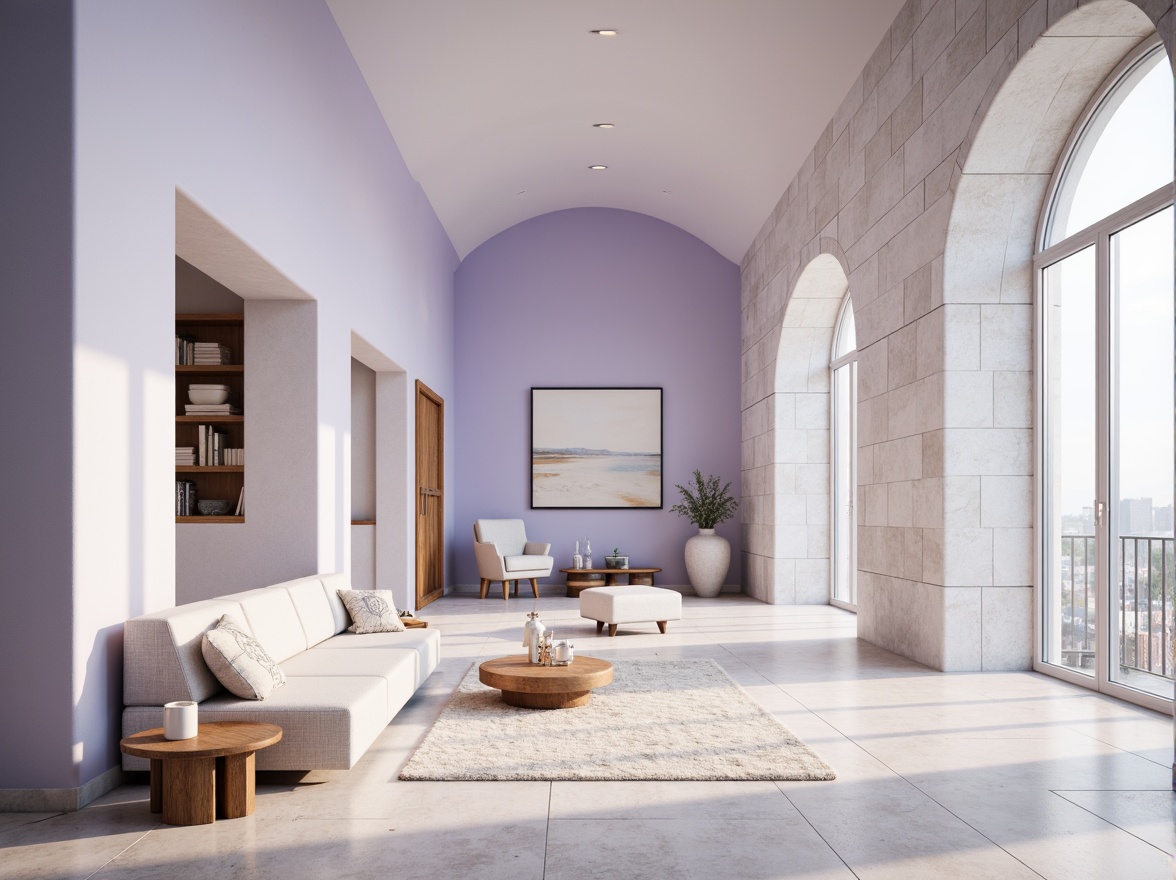 Prompt: Soft lavender blue hues, calming atmosphere, serene architectural design, gentle curves, rounded edges, soothing color scheme, pastel shades, creamy whites, warm beige accents, natural stone textures, wooden elements, minimalist decor, cozy reading nooks, floor-to-ceiling windows, abundant natural light, softbox lighting, shallow depth of field, 1/1 composition, intimate scale, peaceful ambiance, subtle gradient effects.