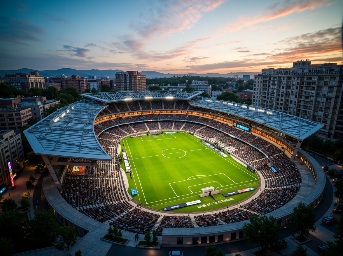 Prompt: Panoramic football stadium, lush green grass, vibrant sports lighting, tiered seating, modern architecture, sleek metal structures, angular lines, dynamic curves, natural stone fa\u00e7ades, glass roofs, open-air concourses, urban cityscape, bustling streets, evening atmosphere, warm golden lighting, shallow depth of field, 3/4 composition, realistic textures, ambient occlusion.