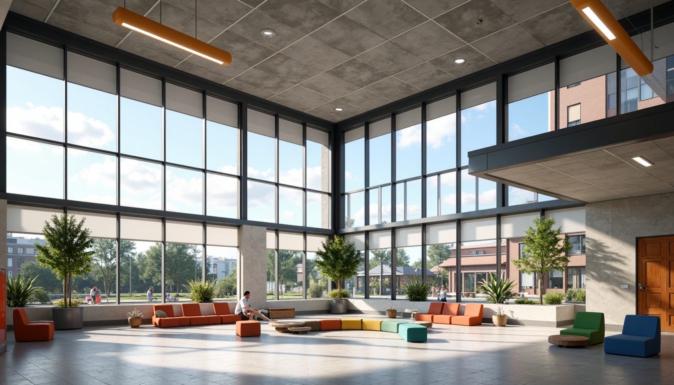 Prompt: Minimalist school building, large windows, metal frames, industrial-style lighting, functional window treatments, roller shades, geometric patterns, bold color accents, rectangular shapes, clean lines, modernist architecture, open floor plans, collaborative learning spaces, natural light, airy atmosphere, 1/1 composition, high-contrast lighting, realistic textures, ambient occlusion.