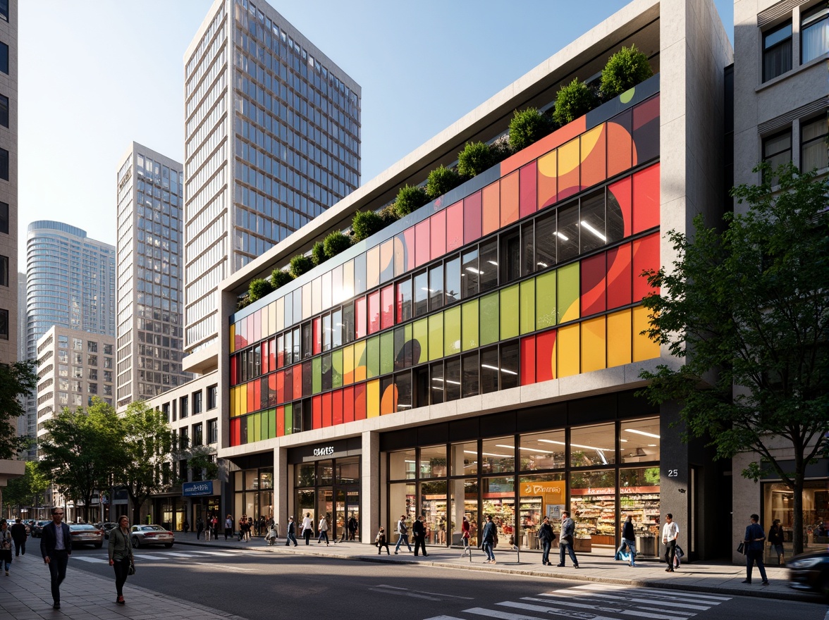 Prompt: Vibrant grocery store facade, modern angular lines, large glass windows, sliding doors, LED signage, colorful branding, urban cityscape, busy street scene, morning sunlight, soft warm lighting, shallow depth of field, 3/4 composition, panoramic view, realistic textures, ambient occlusion, sustainable materials, green walls, living roofs, eco-friendly design, innovative ventilation systems, natural stone cladding, metal frames, minimalist aesthetic, futuristic architecture.