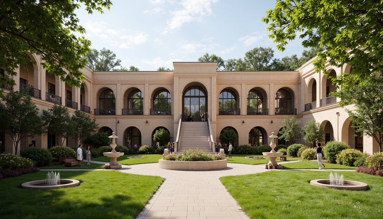 Prompt: Renaissance-style high school building, lush green lawns, blooming flower beds, ornate fountains, walking paths, decorative lamp posts, mature trees, vibrant seasonal plants, natural stone benches, curved staircases, grand entranceways, symmetrical architecture, warm beige stonework, tall columns, arched windows, soft afternoon sunlight, shallow depth of field, 1/2 composition, realistic textures, ambient occlusion.