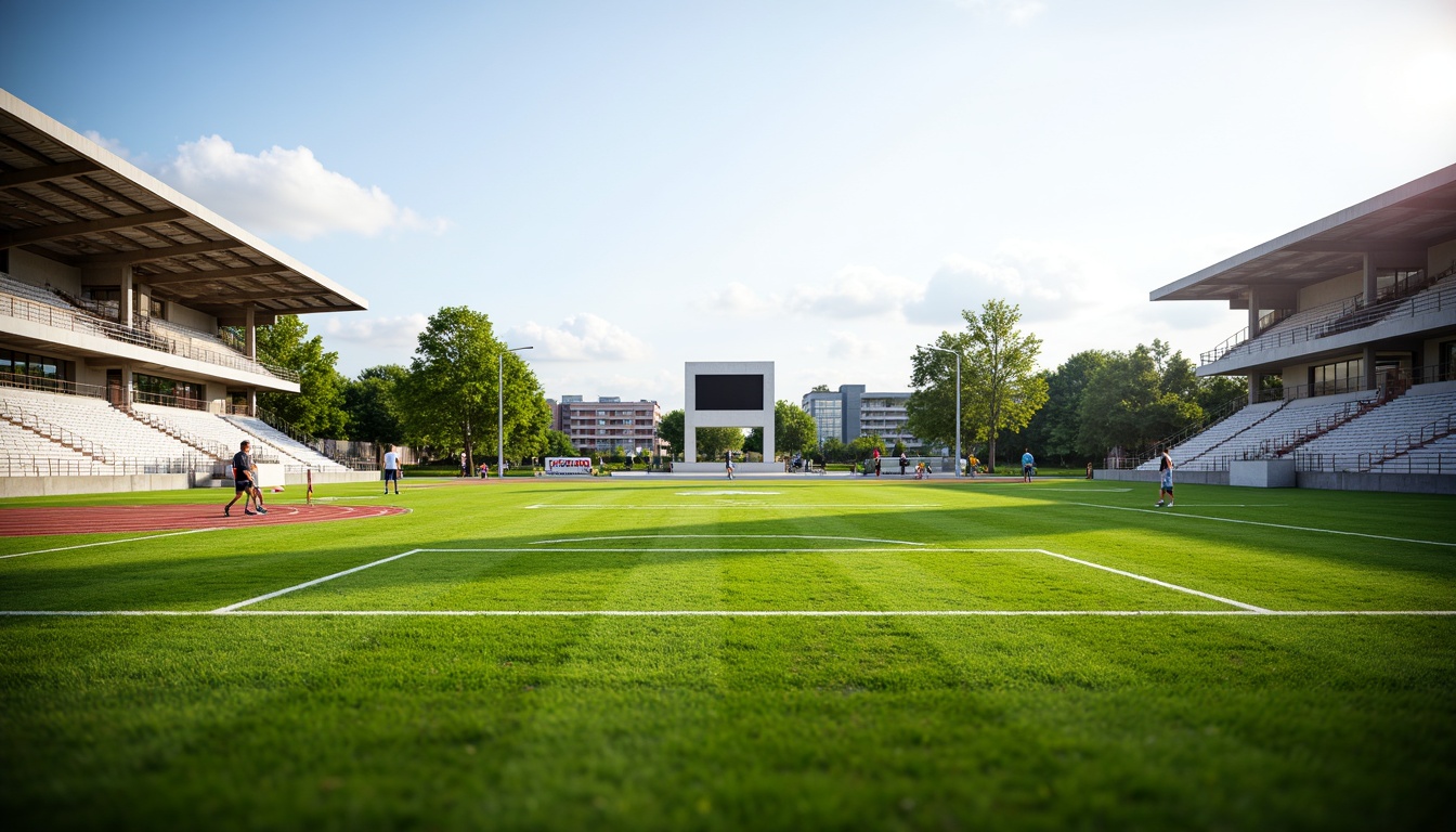 Prompt: Athletic sports fields, lush green grass, vibrant track lines, modern stadium seating, scoreboard displays, floodlighting, sunny afternoon, shallow depth of field, 3/4 composition, panoramic view, realistic textures, ambient occlusion, rubberized tracks, professional goalposts, soccer nets, basketball hoops, tennis courts, athletic equipment storage, water coolers, sports medicine facilities, referee areas, spectator zones, accessible walkways, natural stone pathways, modern fencing systems.