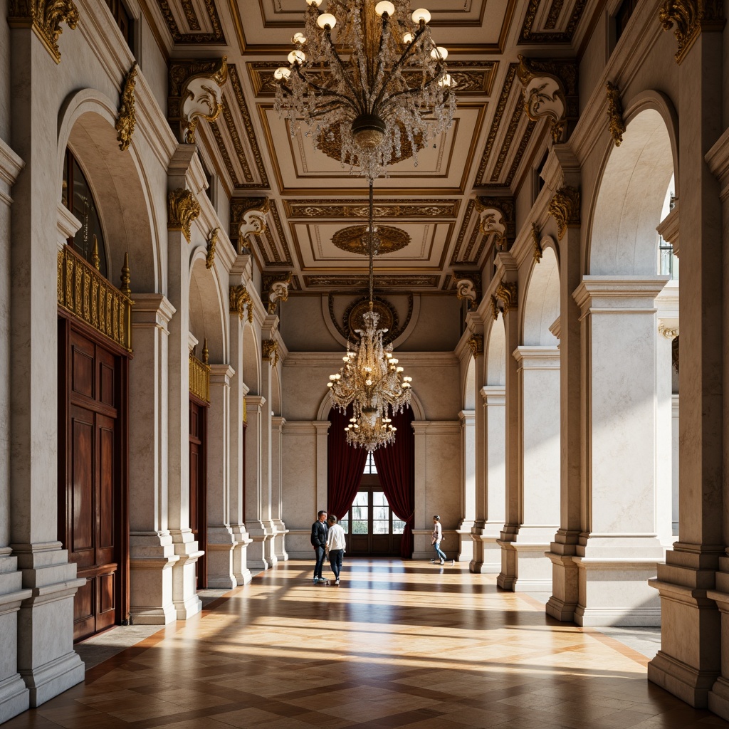 Prompt: Marble columns, ornate carvings, grand archways, symmetrical facades, rusticated bases, smooth limestone walls, intricate moldings, gilded details, velvet drapes, polished wooden floors, crystal chandeliers, soft warm lighting, shallow depth of field, 3/4 composition, panoramic view, realistic textures, ambient occlusion.