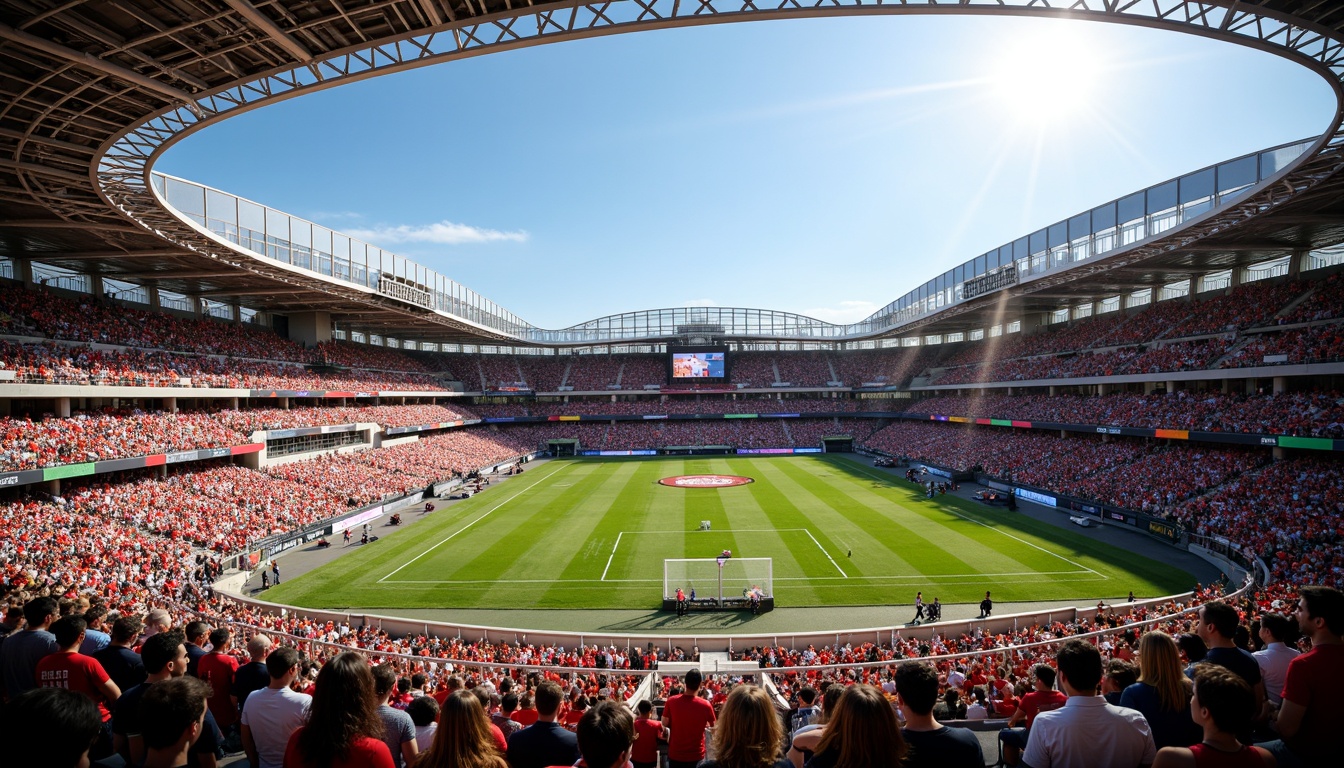 Prompt: Vibrant sports stadium, energetic crowd, bold team colors, dynamic LED lighting, sleek modern architecture, angular lines, metallic materials, concrete structures, lush green grass, athletic tracks, scoreboards, giant video screens, sunny day, warm atmosphere, shallow depth of field, 3/4 composition, panoramic view, realistic textures, ambient occlusion.