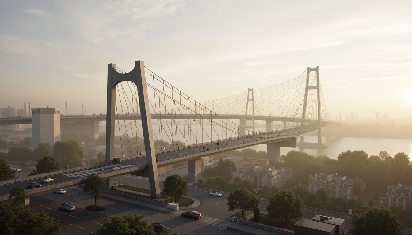 Prompt: Sleek suspension bridge, curved steel arches, sturdy pillars, modern urban landscape, misty morning atmosphere, soft warm lighting, shallow depth of field, 3/4 composition, panoramic view, realistic textures, ambient occlusion, pedestrian walkways, cyclist lanes, vehicular traffic flow, structural integrity, load-bearing capacity, wind resistance, seismic stability, innovative materials, sustainable construction methods, minimalist aesthetic, functional simplicity.