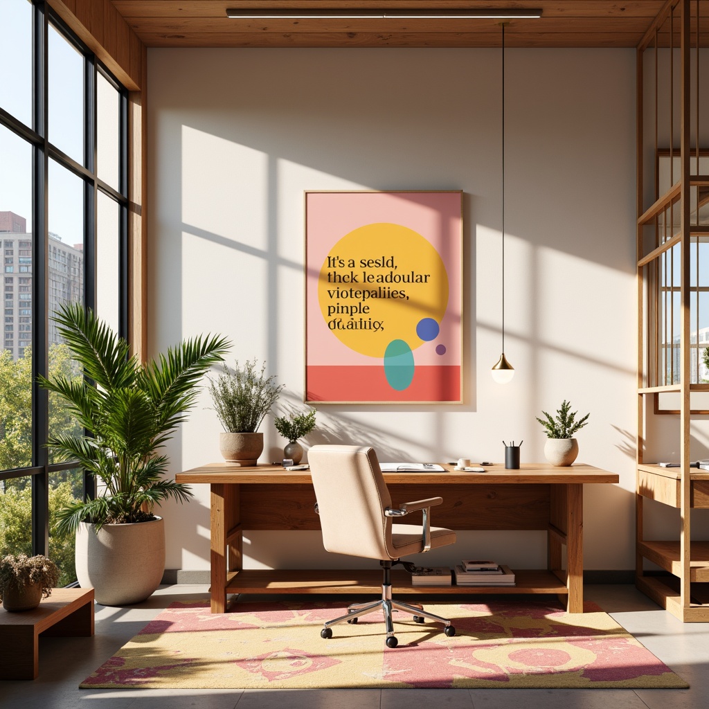 Prompt: Vibrant design studio, modern minimalist interior, sleek wooden desk, ergonomic chair, colorful artwork, inspirational quotes, natural light pouring in, large windows, urban cityscape view, warm beige walls, rich brown furniture, pastel pink accents, soft peach tones, creamy whites, bold typography, geometric patterns, abstract shapes, 3D visualizations, atmospheric lighting, shallow depth of field, 2/3 composition, realistic textures, ambient occlusion.