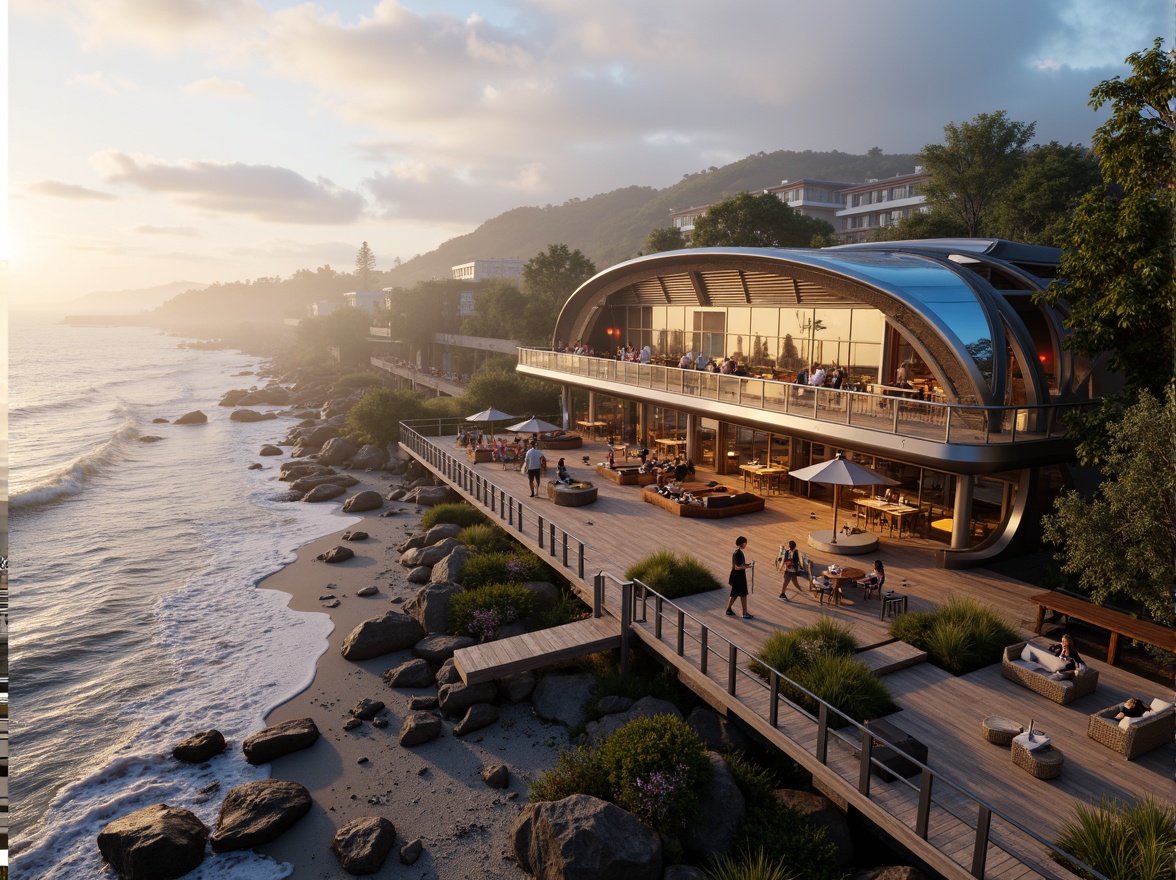 Prompt: Futuristic coastal pub, oceanfront location, sandy beach, rocky shores, crashing waves, sea spray, salty air, modern curved lines, sleek metallic accents, glowing neon lights, iridescent glass fa\u00e7ade, cantilevered decks, outdoor seating areas, nautical-themed decor, reclaimed wood textures, ocean-inspired color palette, misty morning atmosphere, warm golden lighting, shallow depth of field, 1/2 composition, cinematic view, realistic water simulations, ambient occlusion.