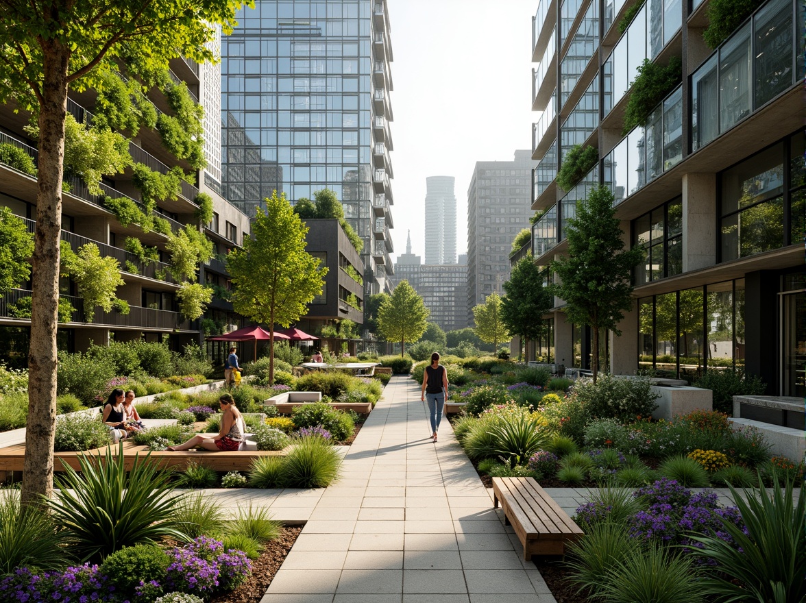 Prompt: Lush green roofs, vertical gardens, living walls, native plant species, rainwater harvesting systems, grey water reuse, solar-powered irrigation, organic fertilizers, meandering walkways, natural stone pavers, reclaimed wood benches, modern skyscraper architecture, sleek glass fa\u00e7ades, angular lines, minimalist design, eco-friendly materials, innovative cooling technologies, shaded outdoor spaces, misting systems, vibrant colorful textiles, intricate geometric motifs, urban forest atmosphere, soft warm lighting, shallow depth of field, 3/4 composition, panoramic view, realistic textures, ambient occlusion.