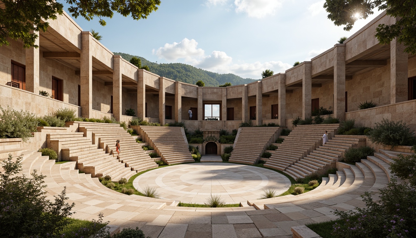 Prompt: Grand amphitheater, tiered seating, ancient Greek inspiration, natural stone walls, curved architecture, open-air design, warm sunny day, soft diffused lighting, high ceilings, clerestory windows, skylights, ambient illumination, subtle shadows, rustic textures, earthy tones, lush greenery, surrounding hills, panoramic views, 1/1 composition, realistic rendering, atmospheric perspective.