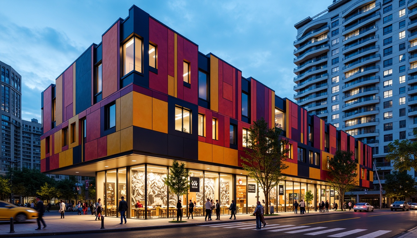 Prompt: Vibrant distribution center, postmodernist facade design, bold color blocking, irregular geometric shapes, fragmented forms, playful typography, eclectic mix of materials, exposed ductwork, industrial chic aesthetic, reclaimed wood accents, corrugated metal cladding, abstract patterned glass, dynamic LED lighting, urban cityscape backdrop, busy street activity, shallow depth of field, 1/2 composition, cinematic atmosphere, high-contrast rendering.