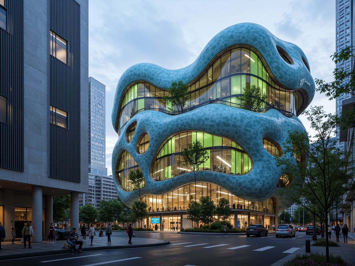 Prompt: Organic blob-shaped buildings, undulating curves, translucent membranes, iridescent colors, bioluminescent accents, futuristic ambiance, eco-friendly materials, recycled plastics, bamboo reinforcements, low-carbon concrete, living walls, green roofs, solar panels, wind turbines, rainwater harvesting systems, natural ventilation, soft diffused lighting, shallow depth of field, 1/1 composition, panoramic view, realistic textures, ambient occlusion.