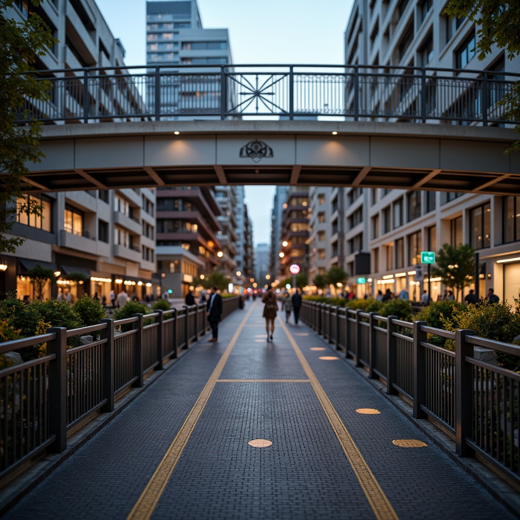 Prompt: Elegant pedestrian bridge, ornate metal railings, intricate geometric patterns, luxurious golden accents, sleek Art Deco lines, curved arches, suspended walkways, urban cityscape, bustling streets, vibrant streetlights, warm evening ambiance, soft misty atmosphere, shallow depth of field, 1/2 composition, symmetrical framing, realistic metallic textures, ambient occlusion.