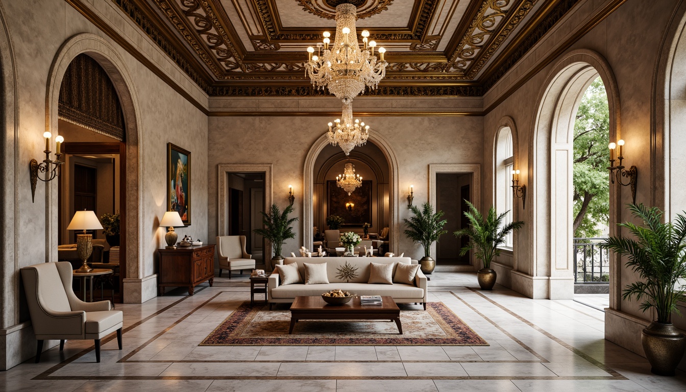 Prompt: Intricate marble patterns, ornate gold accents, luxurious velvet fabrics, rich wood grain textures, polished bronze details, grandiose columns, symmetrical archways, opulent crystal chandeliers, lavish fresco ceilings, stately stone statues, refined silk upholstery, majestic crown molding, sophisticated neutral color palette, soft warm lighting, shallow depth of field, 1/1 composition, realistic reflections, ambient occlusion.