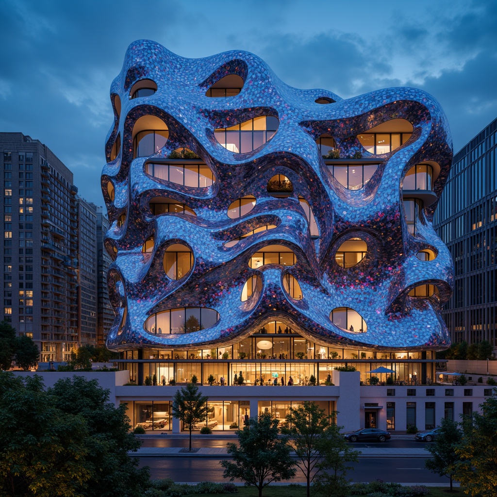 Prompt: Organic blob-shaped buildings, futuristic facade design, iridescent colors, glossy finishes, undulating curves, parametric architecture, algorithmic patterns, LED lighting installations, neon accents, translucent materials, 3D-printed components, cantilevered structures, asymmetrical compositions, reflective surfaces, dynamic shading systems, solar panels integration, green roofs, urban landscape, cityscape views, dramatic nighttime lighting, shallow depth of field, 1/1 composition, realistic reflections.