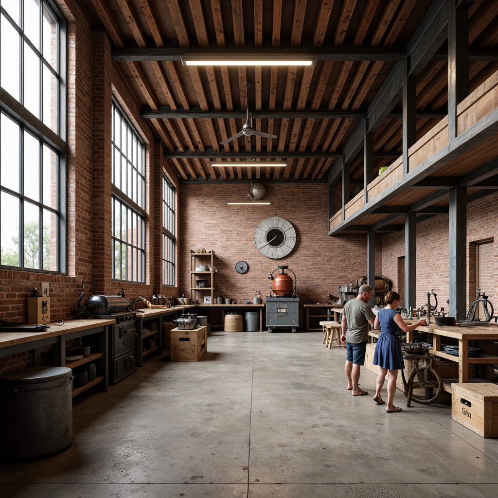 Prompt: Industrial workshop atmosphere, exposed brick walls, metal beams, reclaimed wood accents, functional machinery, vintage tools, earthy color palette, muted tones, warm beige, industrial blue, rusty red, weathered copper, distressed textures, rough concrete floors, overhead lighting, softbox shadows, 1/1 composition, realistic render, ambient occlusion.