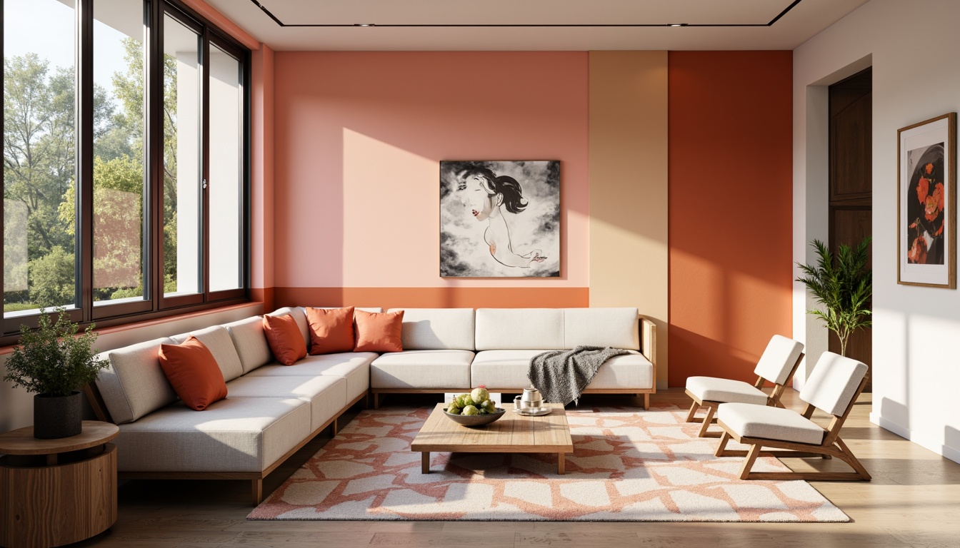 Prompt: Vibrant modern interior, bold color blocking, pastel hues, soft peach tones, rich charcoal accents, metallic silver highlights, natural wood textures, sleek minimalist furniture, geometric patterned rugs, abstract artwork, warm ambient lighting, shallow depth of field, 1/1 composition, realistic renderings, subtle gradient effects.