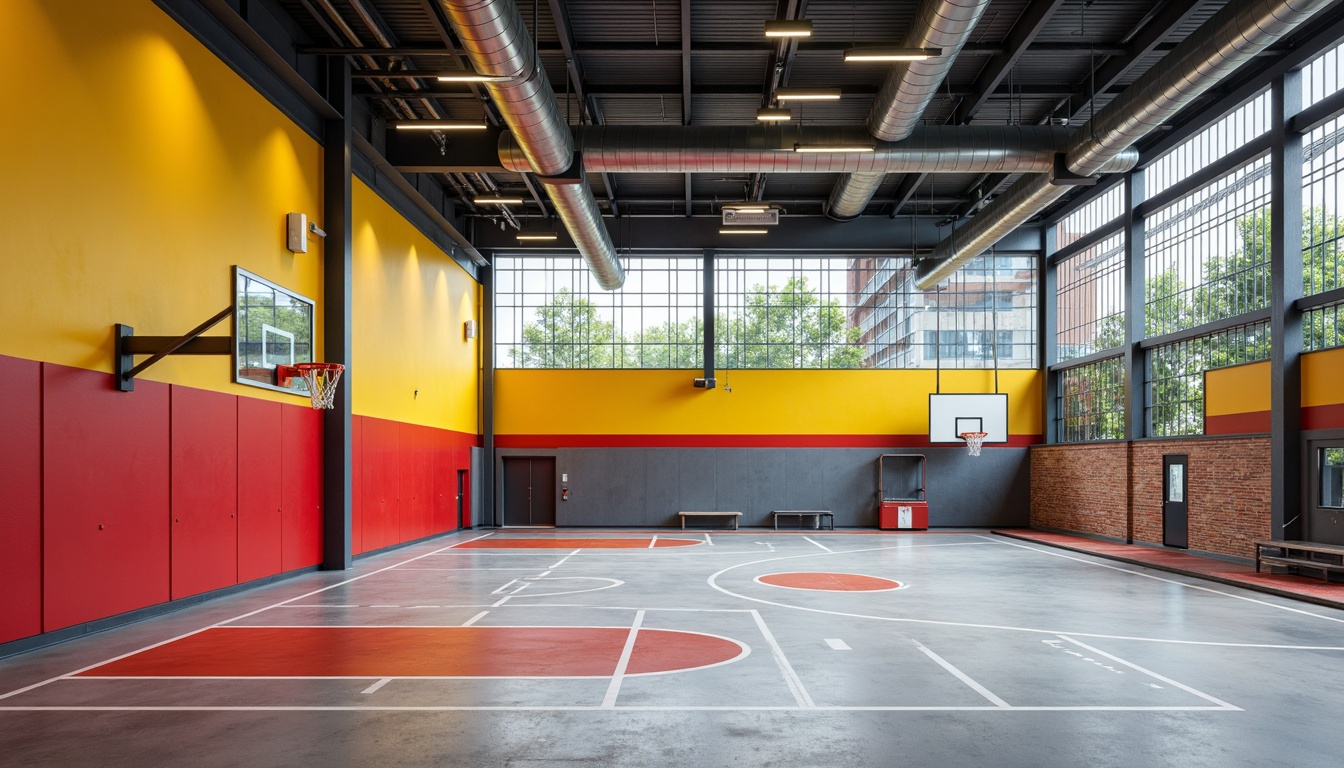 Prompt: Vibrant Bauhaus gymnasium, bold primary colors, geometric shapes, industrial materials, exposed ductwork, polished concrete floors, minimalist decor, functional lighting, athletic equipment, basketball hoops, running tracks, modernist architecture, rectangular windows, steel beams, urban surroundings, cloudy day, soft diffused lighting, shallow depth of field, 1/1 composition, realistic textures, ambient occlusion.