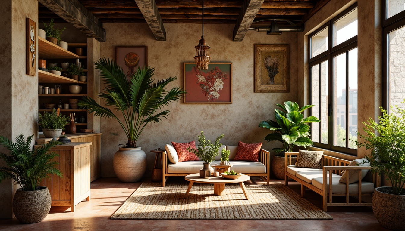 Prompt: Vibrant eclectic interior, reclaimed wood accents, natural stone walls, earthy color palette, woven textiles, rattan furniture, macrame details, potted plants, industrial metal beams, exposed brick, distressed finishes, warm ambient lighting, soft shadows, 1/1 composition, shallow depth of field, realistic textures, ambient occlusion.