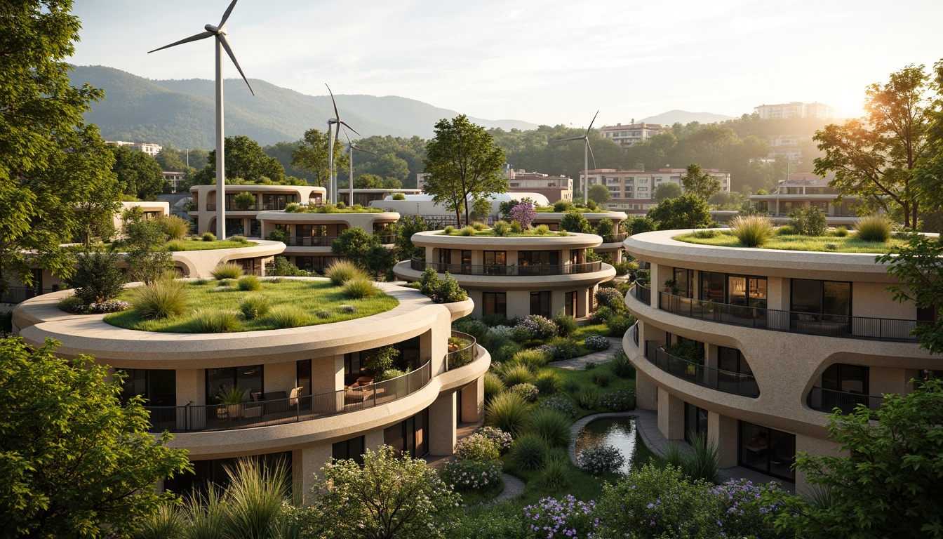 Prompt: Sustainable modern architecture, eco-friendly buildings, green roofs, solar panels, wind turbines, water conservation systems, recycled materials, natural ventilation, minimal waste generation, energy-efficient systems, organic shapes, curved lines, earthy tones, lush greenery, blooming flowers, serene atmosphere, soft warm lighting, shallow depth of field, 3/4 composition, panoramic view, realistic textures, ambient occlusion.