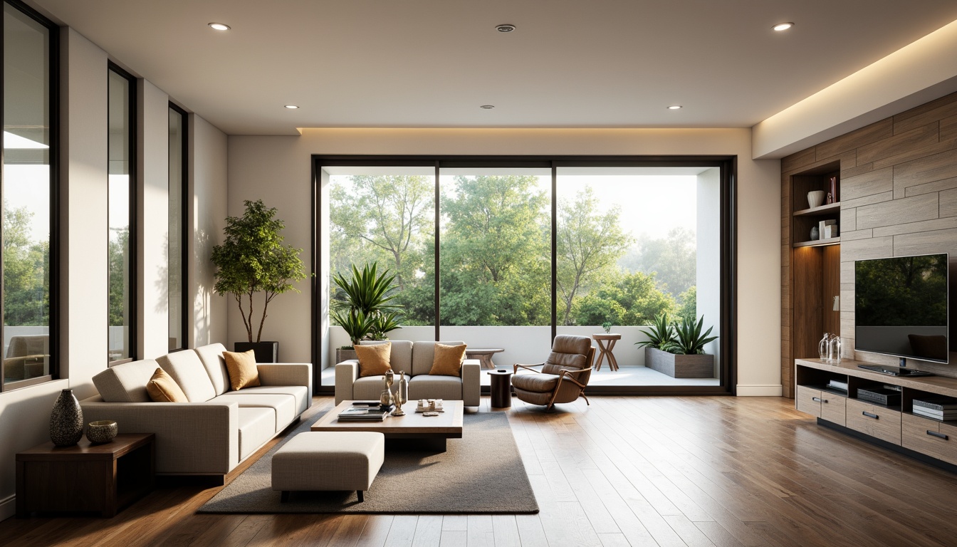 Prompt: Modern living room, sleek furniture, minimalist decor, functional layout, ample natural light, floor-to-ceiling windows, sliding glass doors, polished hardwood floors, comfortable seating areas, stylish coffee tables, decorative vases, greenery accents, soft warm lighting, 1/1 composition, shallow depth of field, realistic textures, ambient occlusion.