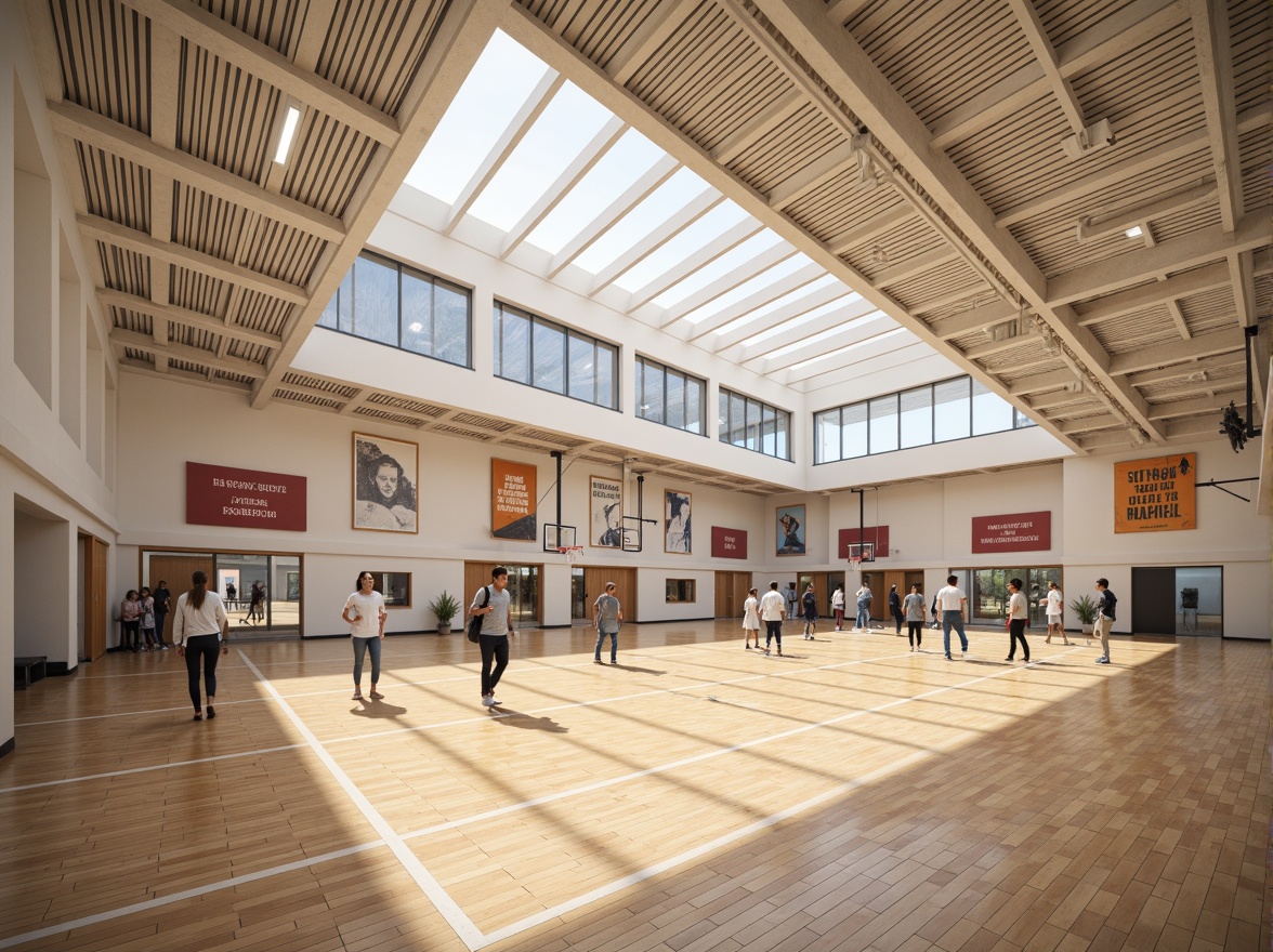 Prompt: Spacious gymnasium interior, high ceilings, clerestory windows, natural light pouring in, athletic equipment, basketball hoops, volleyball nets, exercise machines, wooden flooring, modern architecture, minimalist design, bright color scheme, motivational quotes, inspirational posters, large mirrors, open spaces, airy atmosphere, soft warm lighting, shallow depth of field, 3/4 composition, panoramic view, realistic textures, ambient occlusion.