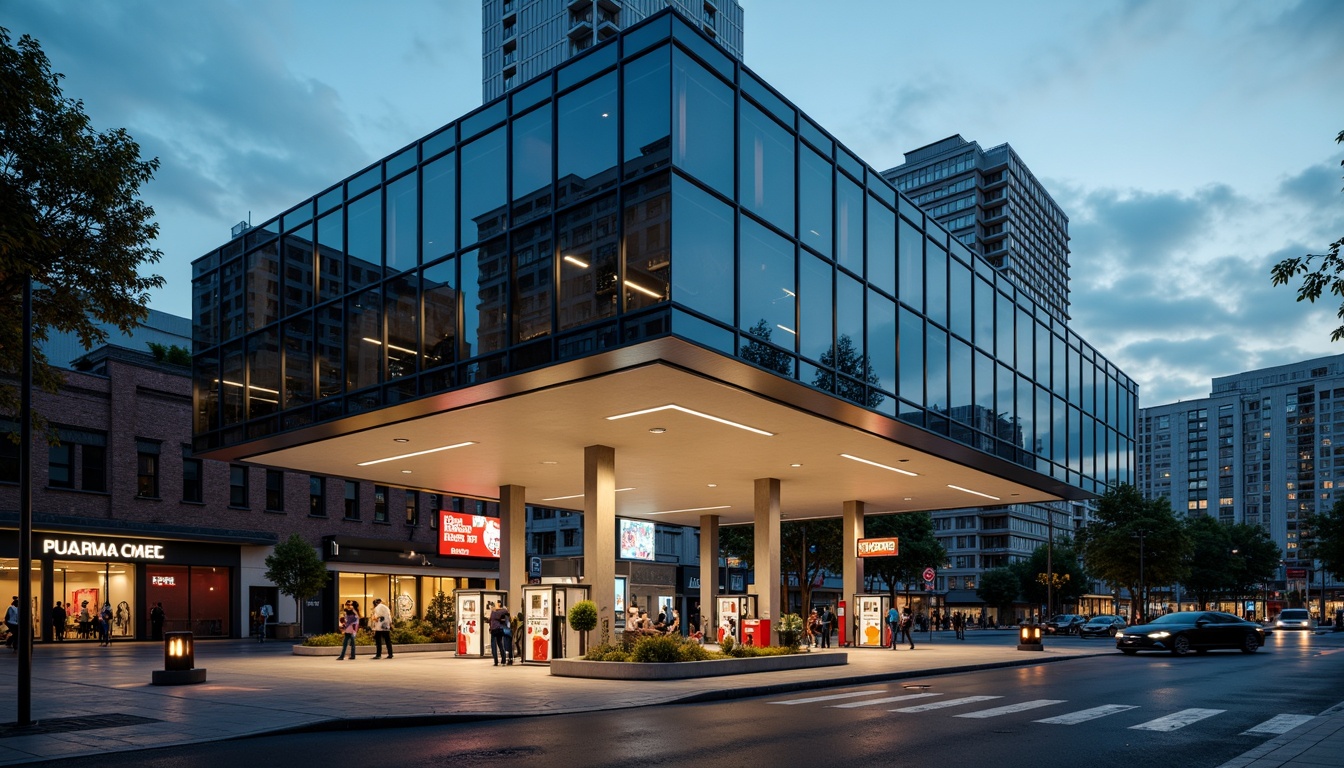 Prompt: Modern gas station, sleek metal fa\u00e7ade, reflective glass surfaces, angular lines, minimalist design, industrial chic aesthetic, concrete floors, steel beams, exposed ductwork, neon signage, LED lighting, futuristic ambiance, urban landscape, cityscape views, busy streets, asphalt roads, fuel pumps, stainless steel canopies, corrugated metal roofs, industrial materials, brutalist architecture, functional design, high-contrast color scheme, dramatic shadows, low-angle photography, cinematic composition.