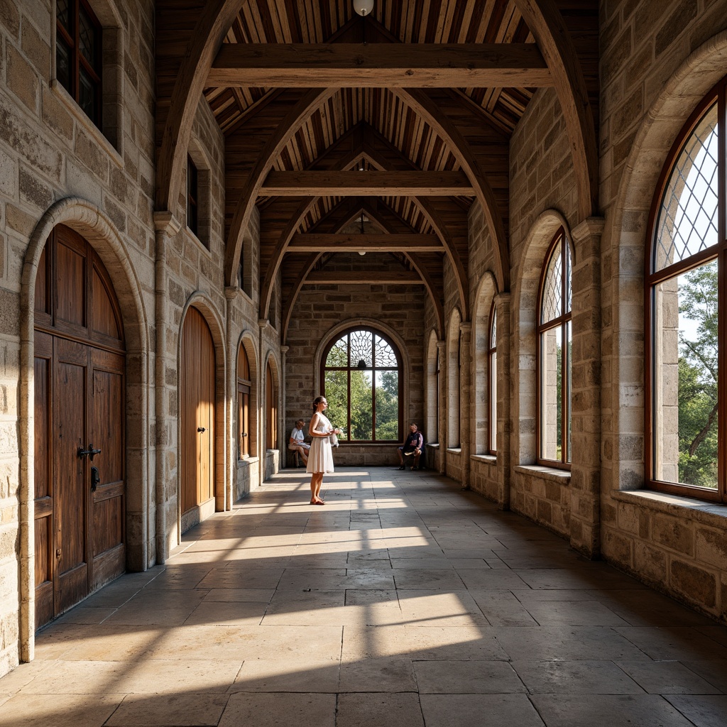 Prompt: Rustic stone walls, weathered brick facades, ornate carvings, grand archways, ribbed vaults, stained glass windows, heavy wooden doors, intricate ironwork, ornamental capitals, rough-hewn granite columns, earthy tone color palette, natural light filtering, warm ambient lighting, shallow depth of field, 2/3 composition, symmetrical framing, realistic textures, subtle atmospheric effects.