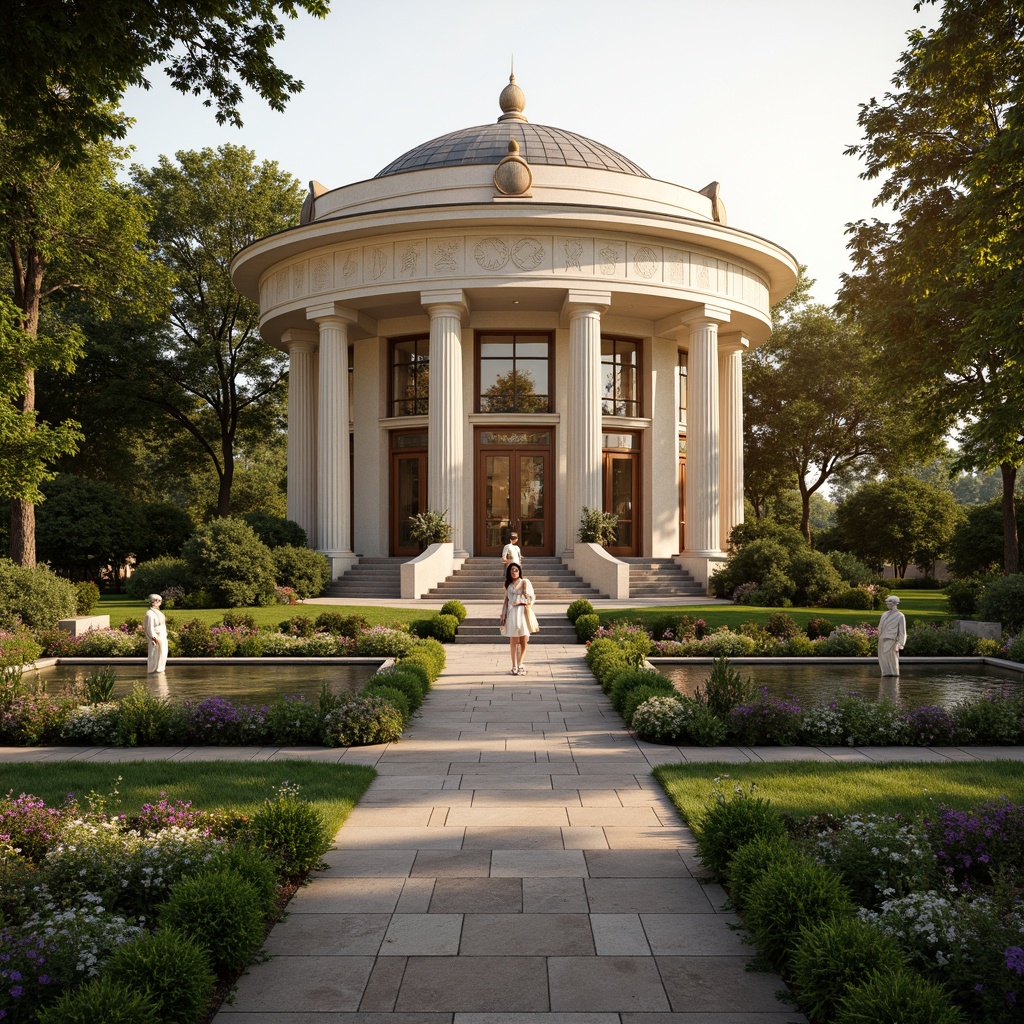 Prompt: Elegant concert house, neoclassical architecture, grand entrance, ornate columns, symmetrical facade, manicured lawns, vibrant flower beds, sculpted hedges, meandering walkways, natural stone pathways, classical statues, tranquil ponds, serene fountains, lush greenery, warm golden lighting, shallow depth of field, 3/4 composition, panoramic view, realistic textures, ambient occlusion.