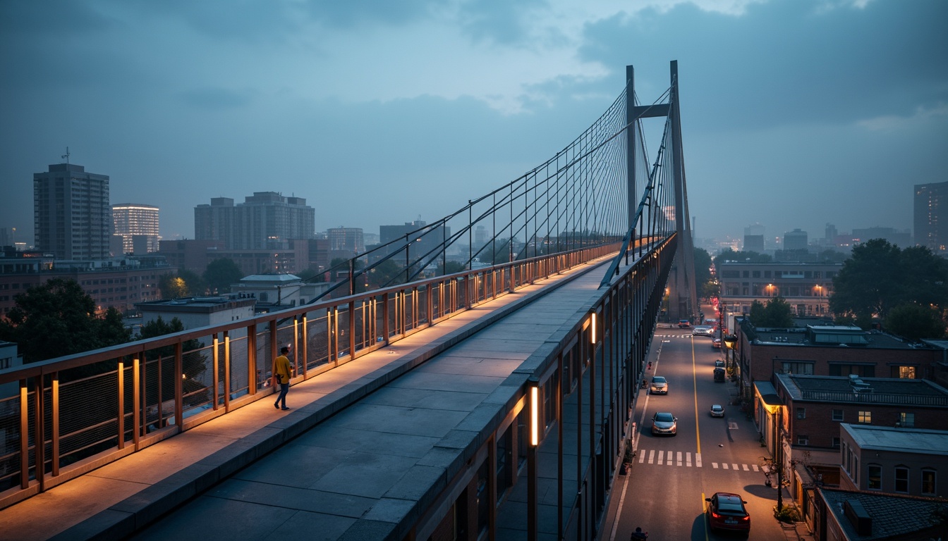 Prompt: Sleek pedestrian bridge, modernist architecture, minimalist design, clean lines, geometric shapes, steel beams, cable-stayed structure, suspension system, cantilevered sections, asymmetrical composition, urban landscape, city skyline, busy streets, vibrant streetlights, misty evening atmosphere, soft warm lighting, shallow depth of field, 1/2 composition, low-angle shot, realistic textures, ambient occlusion.