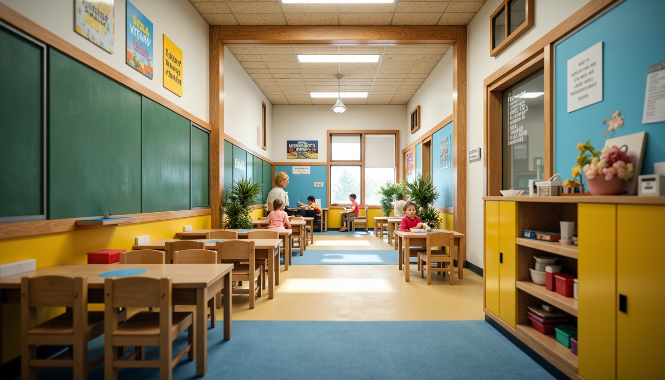 Prompt: Vibrant elementary school, playful kindergarten, bright corridors, educational murals, colorful lockers, wooden desks, green chalkboards, inspirational quotes, motivational posters, soft carpeted floors, natural wood accents, earthy tone walls, calming blue ceilings, warm yellow lighting, shallow depth of field, 1/1 composition, realistic textures, ambient occlusion.