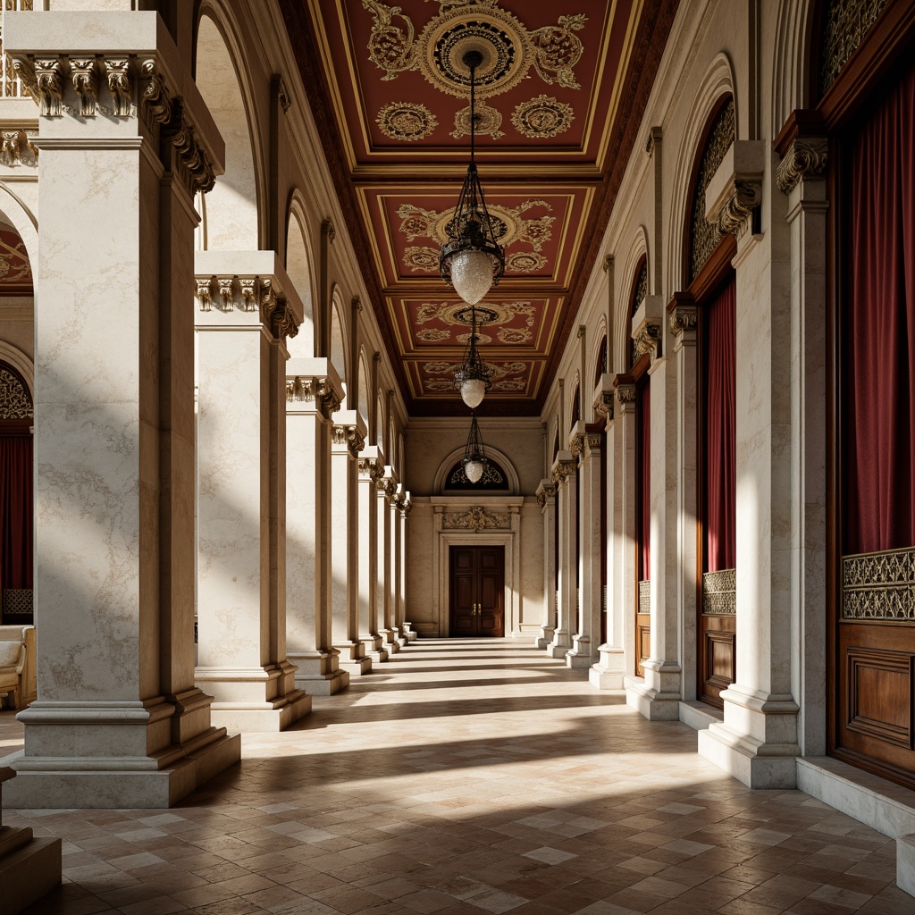 Prompt: Marble columns, ornate carvings, grand archways, symmetrical facades, rusticated bases, smooth limestone walls, intricate moldings, gilded details, velvet drapes, polished wooden floors, crystal chandeliers, soft warm lighting, shallow depth of field, 3/4 composition, panoramic view, realistic textures, ambient occlusion.