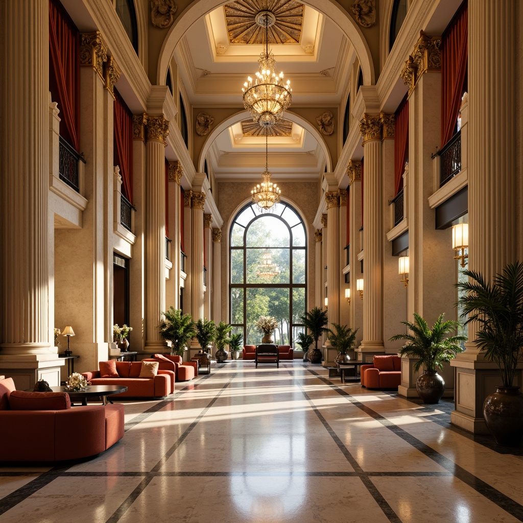 Prompt: Grand hotel lobby, ornate columns, intricately carved capitals, polished marble floors, elegant chandeliers, luxurious furnishings, rich velvet drapes, golden accents, symmetrical composition, classical arches, ornamental moldings, subtle lighting, warm beige tones, refined textures, shallow depth of field, 1/1 composition, realistic reflections, ambient occlusion.