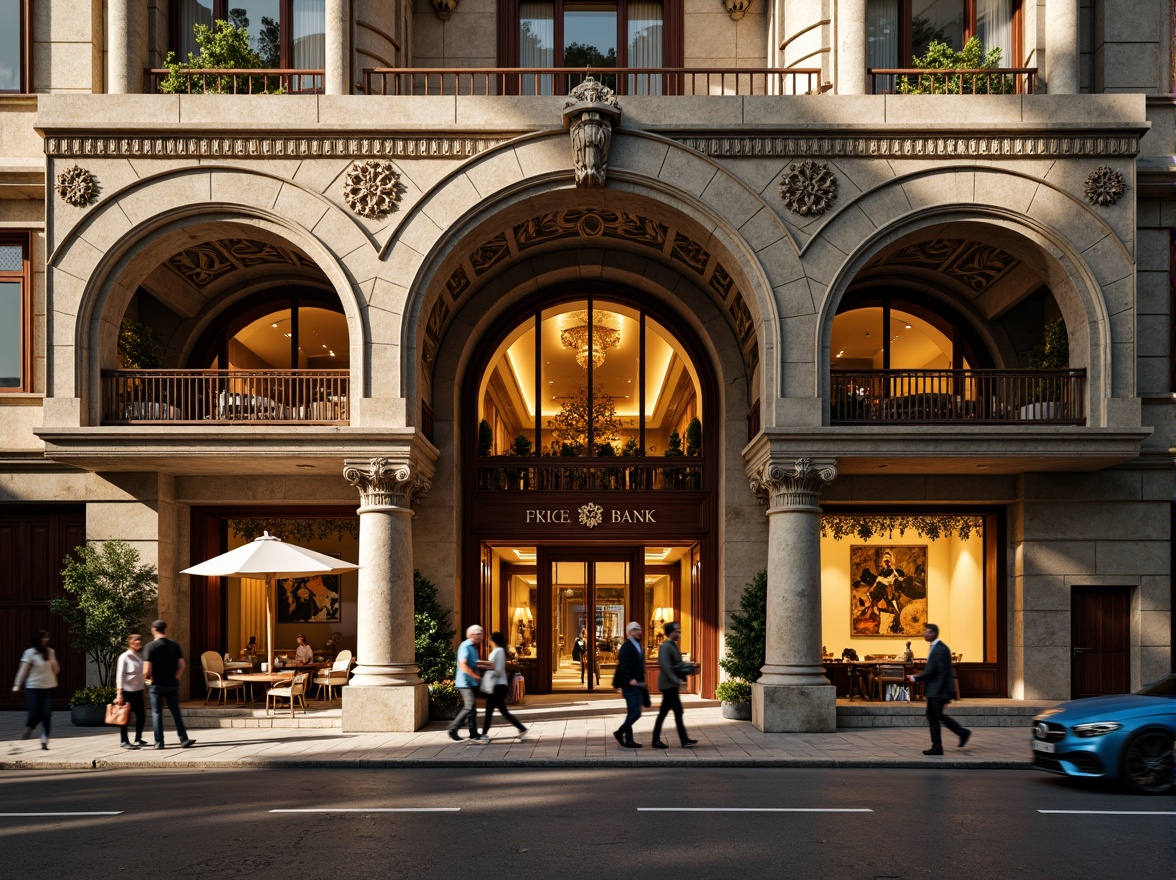 Prompt: Ornate bank facade, Romanesque arches, rusticated stone walls, grand entrance, heavy wooden doors, intricate carvings, ornamental columns, vaulted ceilings, stained glass windows, warm golden lighting, shallow depth of field, 1/2 composition, symmetrical view, realistic textures, ambient occlusion, detailed stonework, classic architectural elements, luxurious atmosphere, busy urban street scene, morning sunlight, soft shadows.