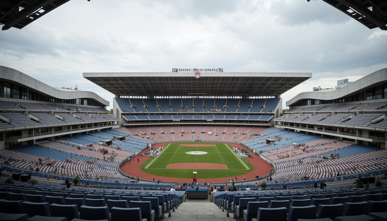 Prompt: Functional stadium layout, asymmetrical fa\u00e7ade, rectangular shapes, industrial materials, exposed ductwork, minimalist aesthetics, open circulation spaces, cantilevered roofs, geometric patterns, bold color schemes, athletic track, football field, spectator seating, modernist architecture, urban landscape, cloudy sky, dramatic lighting, high contrast, 1/2 composition, wide-angle lens, realistic textures, ambient occlusion.