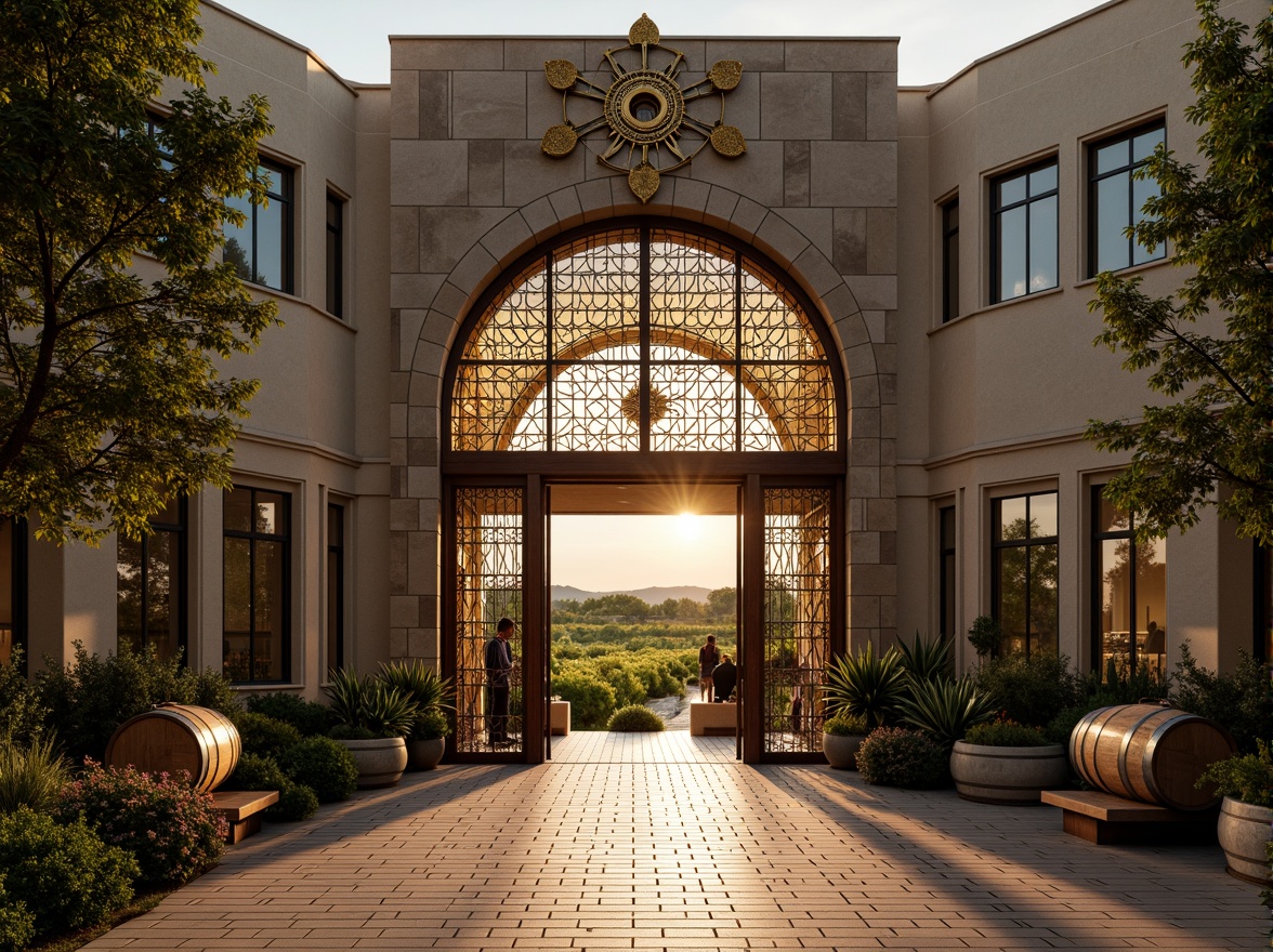 Prompt: Luxurious winery, Art Deco facade, ornate metalwork, geometric patterns, lavish decorations, grand entrance, sweeping curves, opulent materials, rich wood tones, vintage wine barrels, rustic stone walls, lush vineyards, sunny afternoon, warm golden lighting, shallow depth of field, 1/1 composition, symmetrical view, realistic textures, ambient occlusion.