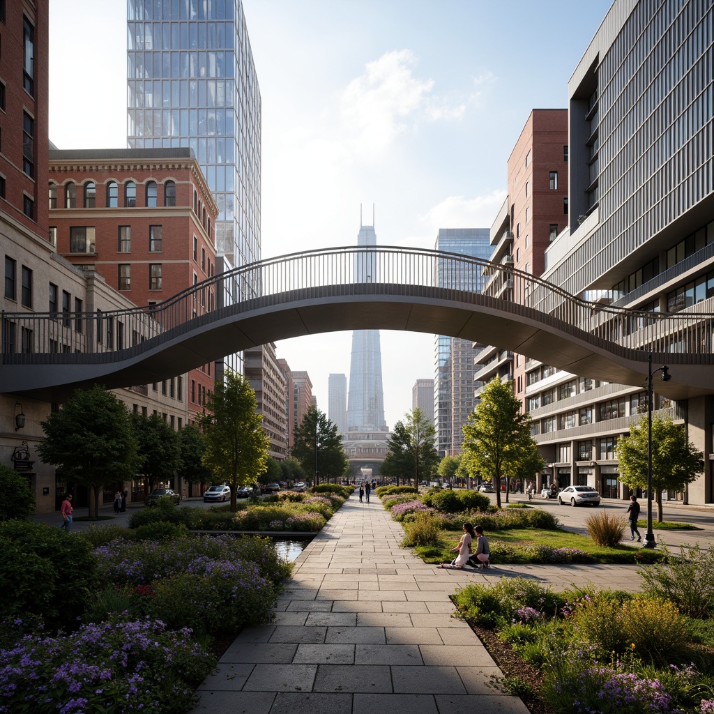 Prompt: Curved pedestrian bridge, sleek metal railings, modernist architecture, urban cityscape, vibrant street art, bustling streets, morning sunlight, soft warm lighting, shallow depth of field, 3/4 composition, panoramic view, realistic textures, ambient occlusion, integrated landscaping, lush greenery, blooming flowers, natural stone walkways, water features, reflecting pools, modern street furniture, innovative urban design, sustainable materials, eco-friendly infrastructure.