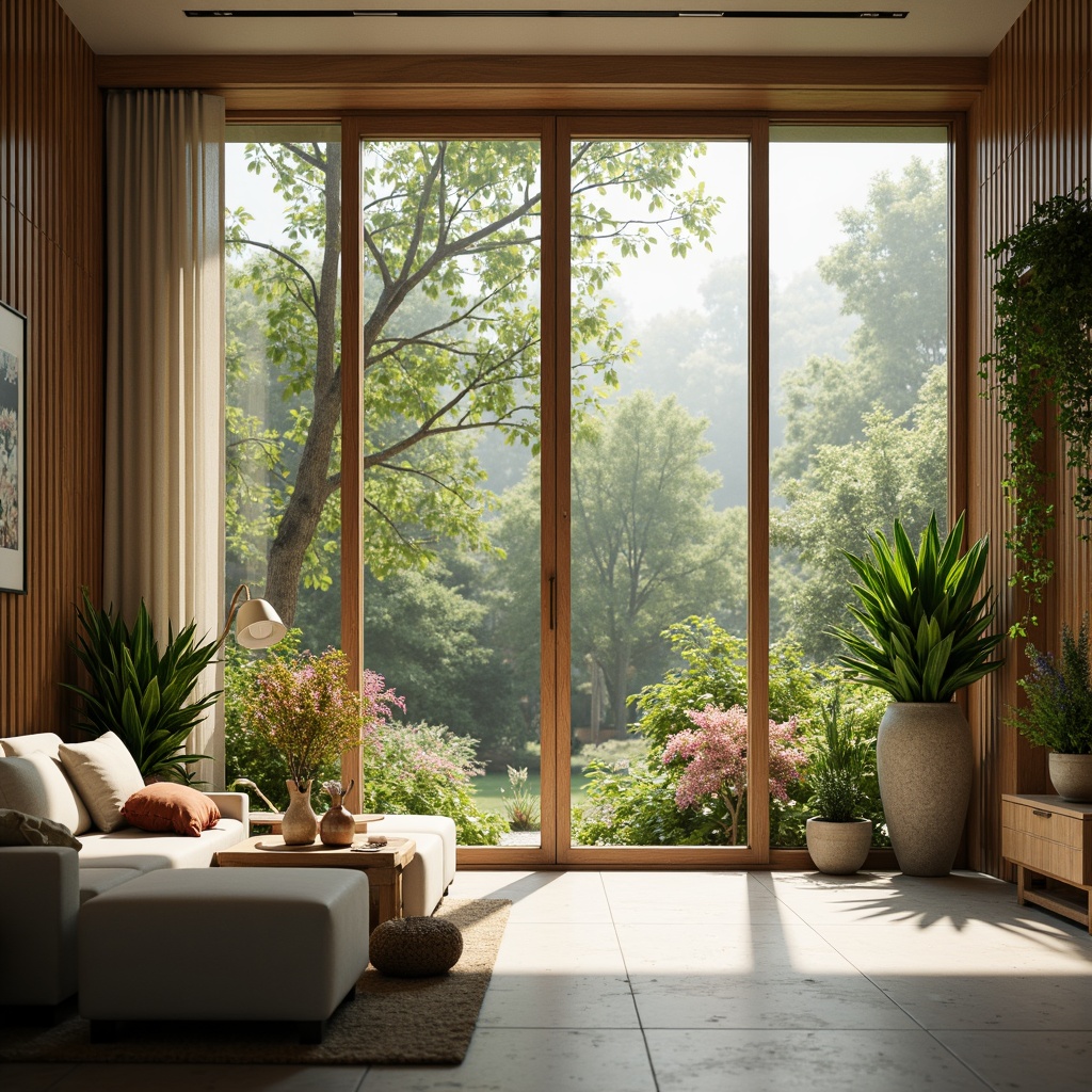 Prompt: Bright airy interior, floor-to-ceiling windows, sliding glass doors, natural stone flooring, wooden accents, lush greenery, vibrant flowers, modern minimalist decor, soft warm lighting, shallow depth of field, 3/4 composition, panoramic view, realistic textures, ambient occlusion.