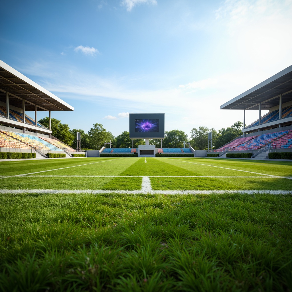 Prompt: Athletic sports fields, lush green grass, vibrant track lines, modern stadium seating, scoreboard displays, floodlighting, sunny afternoon, shallow depth of field, 3/4 composition, panoramic view, realistic textures, ambient occlusion, rubberized tracks, professional goalposts, soccer nets, basketball hoops, tennis courts, athletic equipment storage, water coolers, sports medicine facilities, referee areas, spectator zones, accessible walkways, natural stone pathways, modern fencing systems.