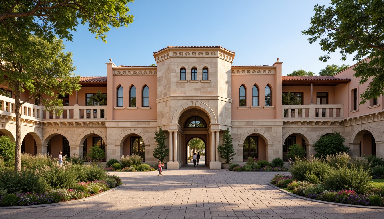 Prompt: Earth-toned facade, regionalist architecture, ornate stone carvings, grand entrance arches, symmetrical composition, rusticated base, classical columns, decorative cornices, red-tiled roofs, lush greenery, mature trees, vibrant flowers, pedestrian walkways, natural stone paving, warm sunny day, soft diffused lighting, shallow depth of field, 1/1 composition, realistic textures, ambient occlusion.