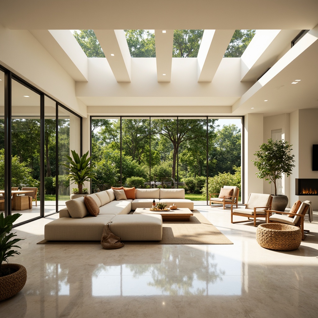 Prompt: Vibrant living room, floor-to-ceiling windows, sliding glass doors, minimal window frames, clerestory windows, skylights, open-plan layout, reflective surfaces, polished marble floors, creamy white walls, warm beige furniture, lush greenery, potted plants, natural textiles, woven baskets, soft warm lighting, shallow depth of field, 1/1 composition, panoramic view, realistic textures, ambient occlusion.