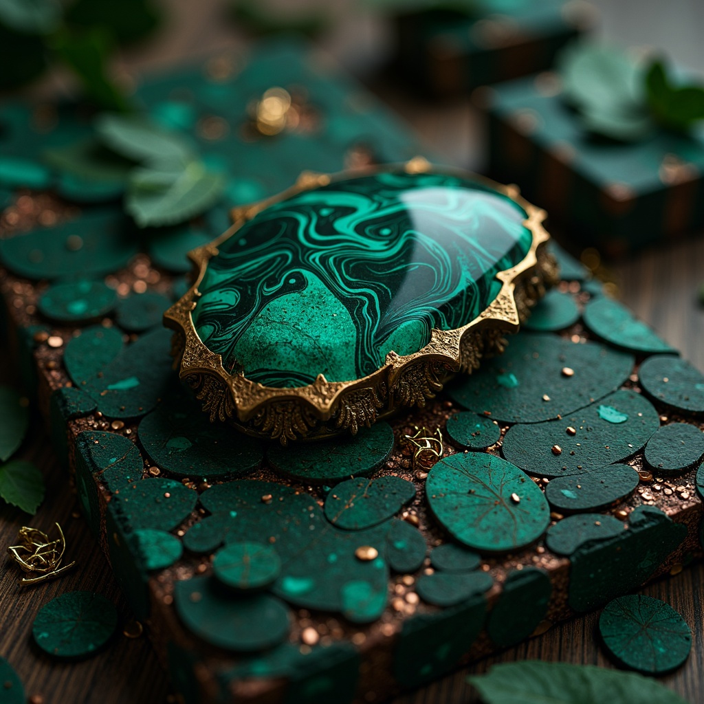 Prompt: Rich malachite gemstone, swirling patterns, deep blues, emerald greens, copper accents, earthy undertones, luxurious velvet textures, ornate gold details, mystical ambiance, dim warm lighting, shallow depth of field, 1/2 composition, realistic reflections, ambient occlusion.